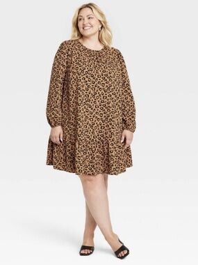 AVA & VIV Leopard Print Shift Dress with Long Sleeves, Sz XXL